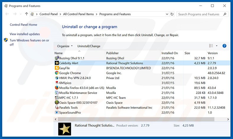 desinstalar o adware Celebrity Alert através do Painel de Controlo