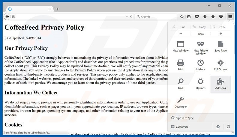 Removendo os anúncios CoffeeFeed do Mozilla Firefox passo 1