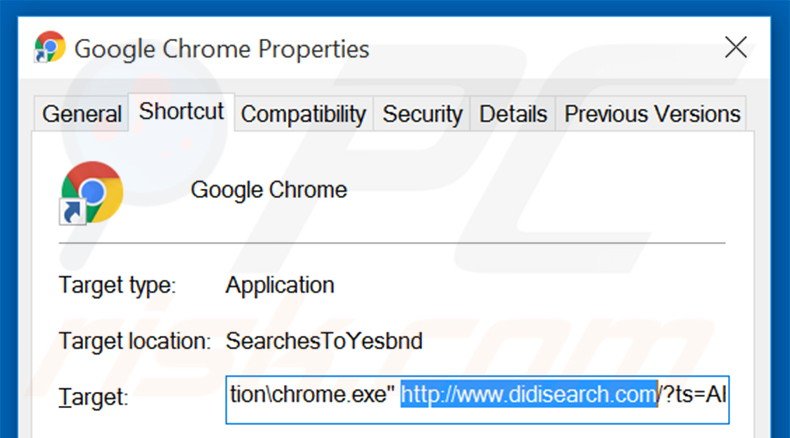 Removendo didisearch.com do atalho do Google Chrome passo 2
