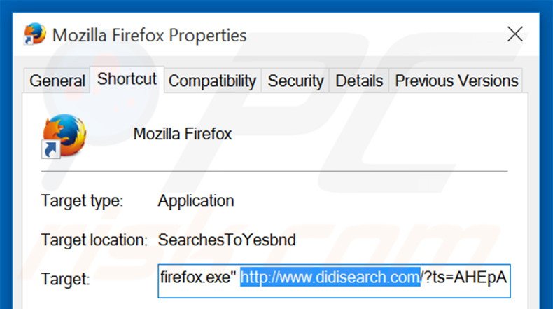 Removendo didisearch.com do atalho do Mozilla Firefox passo 2