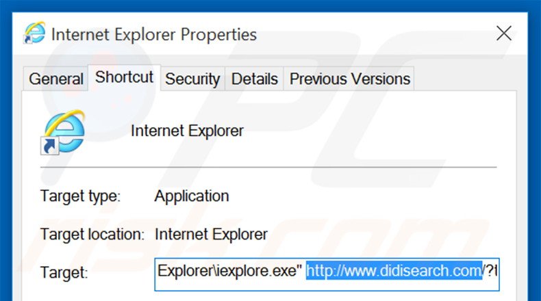 Removendo didisearch.com do atalho do Internet Explorer passo 2