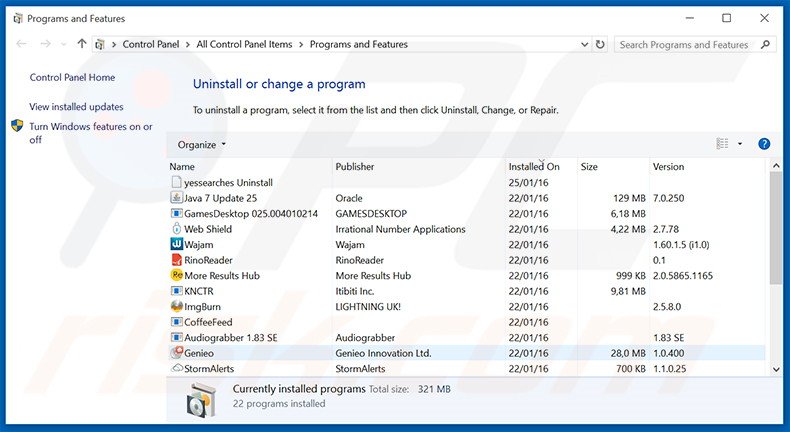 desinstalar o adware High Unite via Painel de Controlo