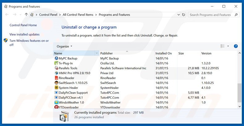 desinstalar o adware mgid via Painel de Controlo