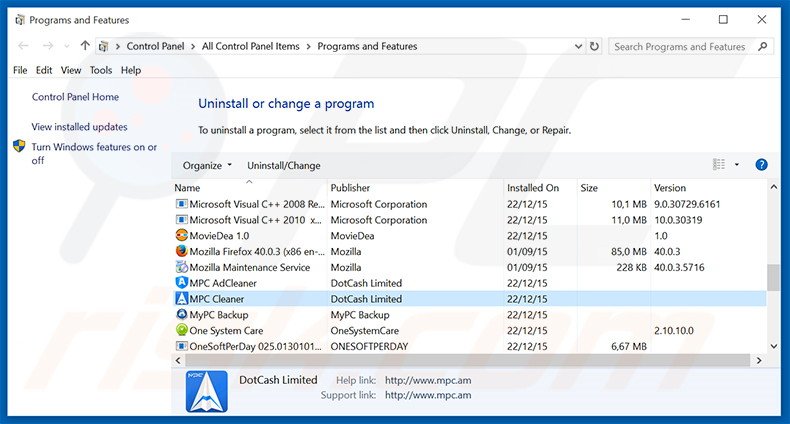 desinstalar o adware MPC Browser através do Painel de Controlo