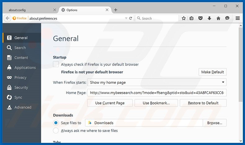 Removendo a página inicial mybeesearch.com do Mozilla Firefox