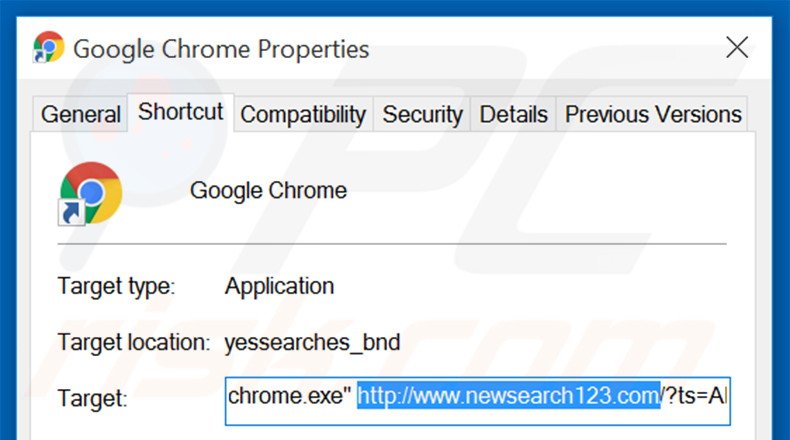 Removendo newsearch123.com do atalho do Google Chrome passo 2