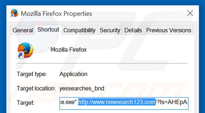 Removendo newsearch123.com do atalho do Mozilla Firefox passo 2