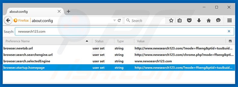 Removendo newsearch123.com da página inicial e do motor de busca padrão do Mozilla Firefox