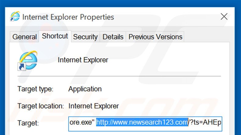 Removendo newsearch123.com do atalho do Internet Explorer passo 2