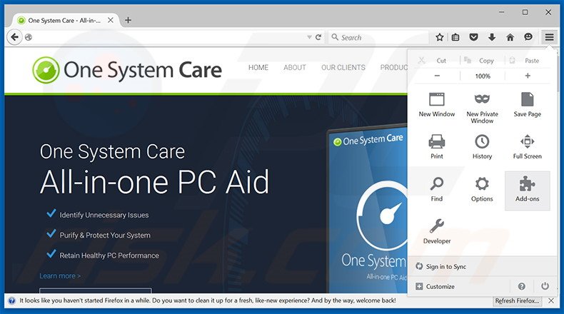 Removendo os anúncios One System Care do Mozilla Firefox passo 1