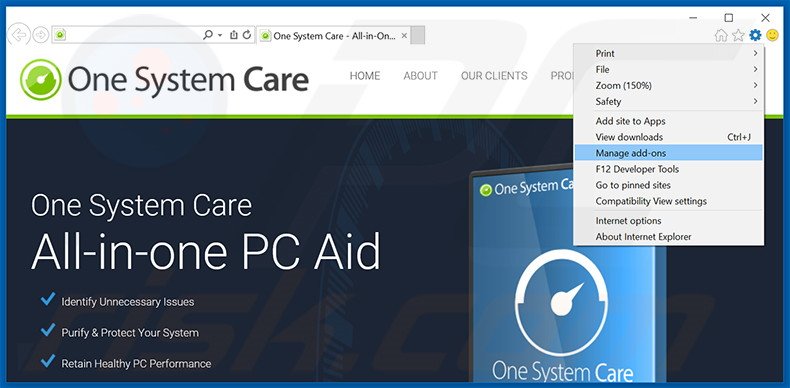 Removendo os anúncios One System Care do Internet Explorer passo 1
