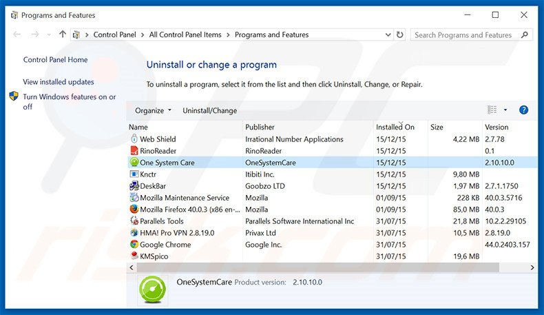 desinstalar o adware One System Care via Painel de Controlo