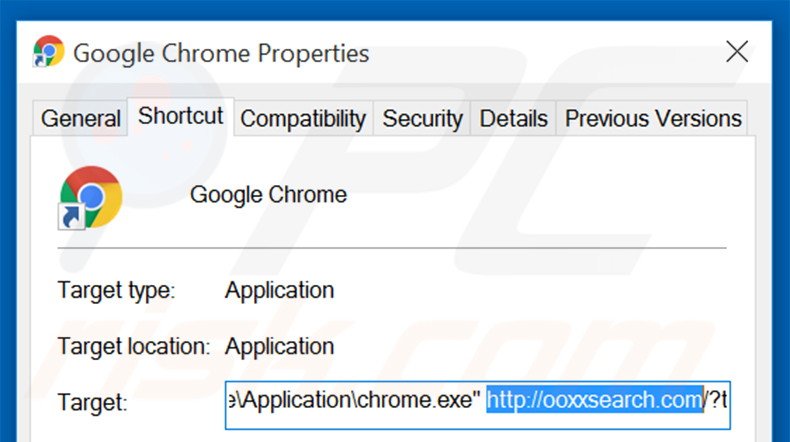 Removendo ooxxsearch.com do atalho do Google Chrome passo 2