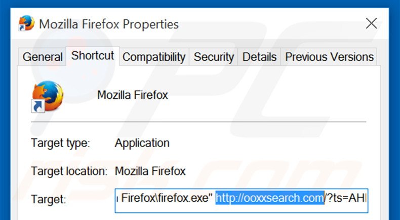 Removendo ooxxsearch.com do atalho do Mozilla Firefox passo 2