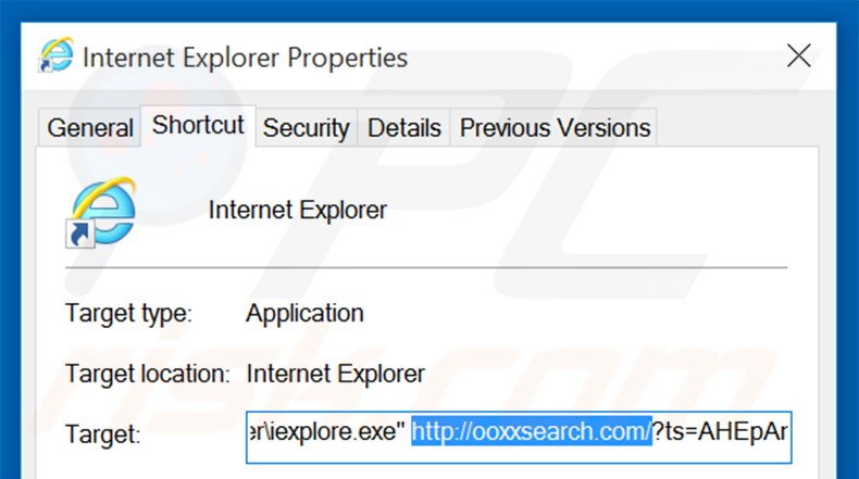 Removendo ooxxsearch.com do atalho do Internet Explorer passo 2