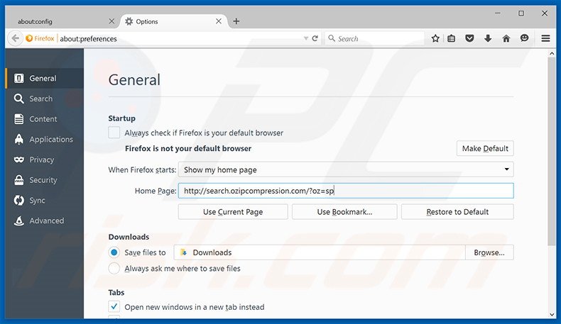 Removendo a página inicial search.ozipcompression.com do Mozilla Firefox