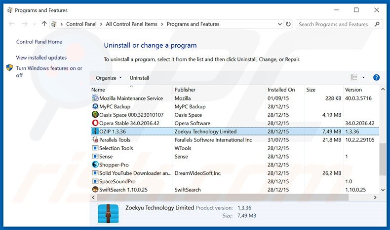 desinstalar o sequestrador de navegador search.ozipcompression.com via Painel de Controlo