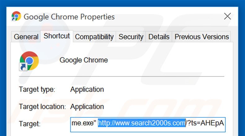 Removendo search2000s.com do atalho do Google Chrome passo 2