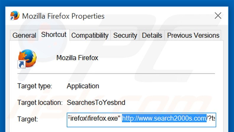 Removendo search2000s.com do atalho do Mozilla Firefox passo 2