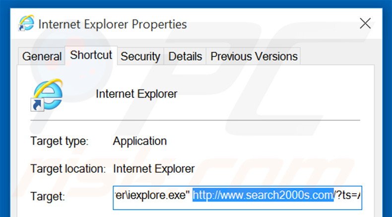 Removendo search2000s.com do atalho do Internet Explorer passo 2