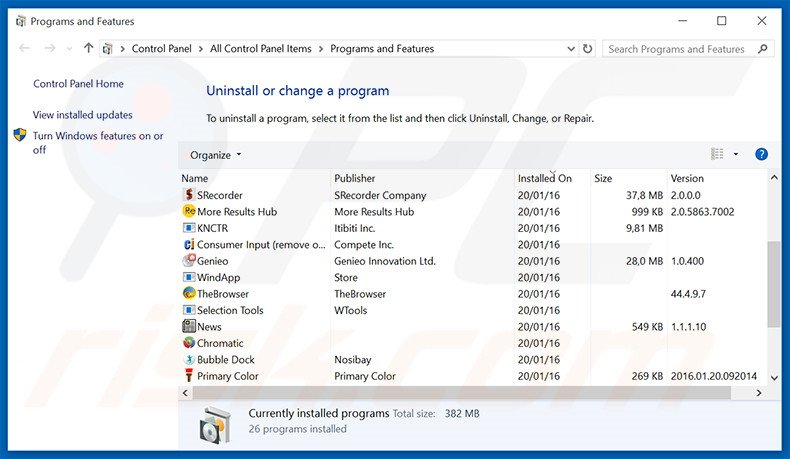 desinstalar o adware Search Window através do Painel de Controlo