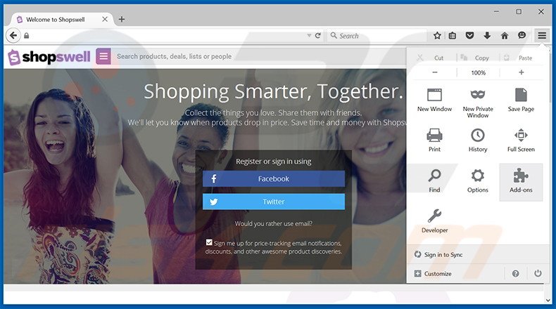 Removendo os 'Anúncios Shopswell' do Mozilla Firefox passo 1