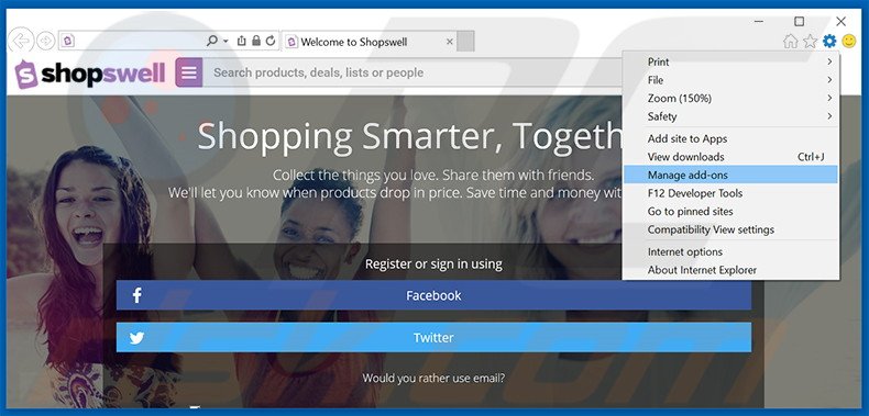 Removendo os anúncios Shopswell do Internet Explorer passo 1