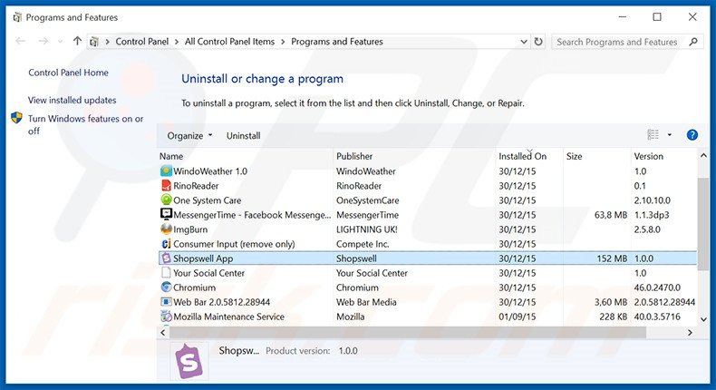 desinstalar o adware Shopswell via Painel de Controlo