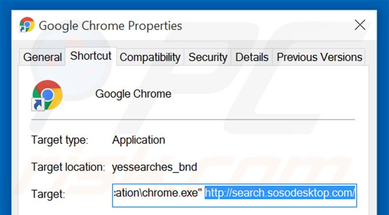 Removendo search.sosodesktop.com do atalho do Google Chrome passo 2