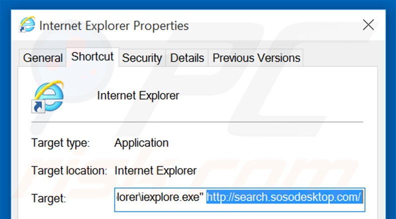 Removendo search.sosodesktop.com do atalho do Internet Explorer passo 2