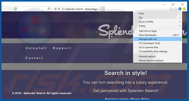 Removendo os anúncios Splendor Search do Internet Explorer passo 1