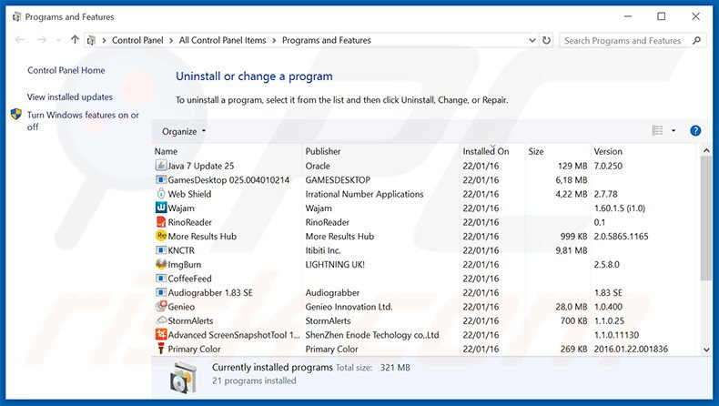 desinstalar o adware Splendor Search através do Painel de Controlo