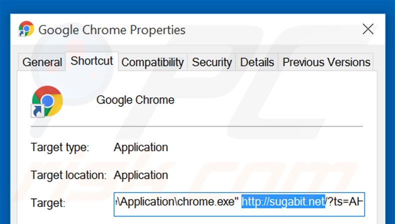 Removendo sugabit.net do atalho do Google Chrome passo 2