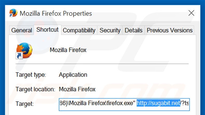 Removendo sugabit.net do atalho do Mozilla Firefox passo 2