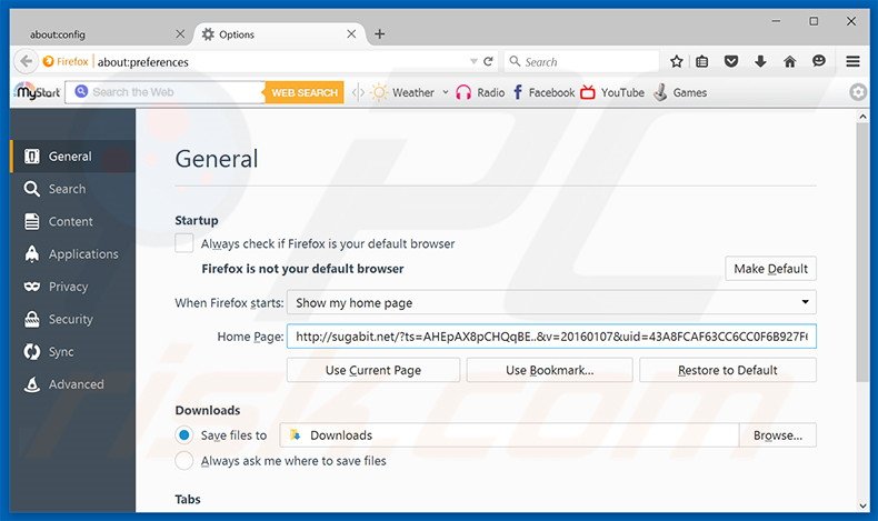 Removendo a página inicial sugabit.net do Mozilla Firefox