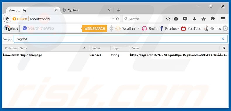 Removendo a página inicial sugabit.net e motor de busca padrão do Mozilla Firefox