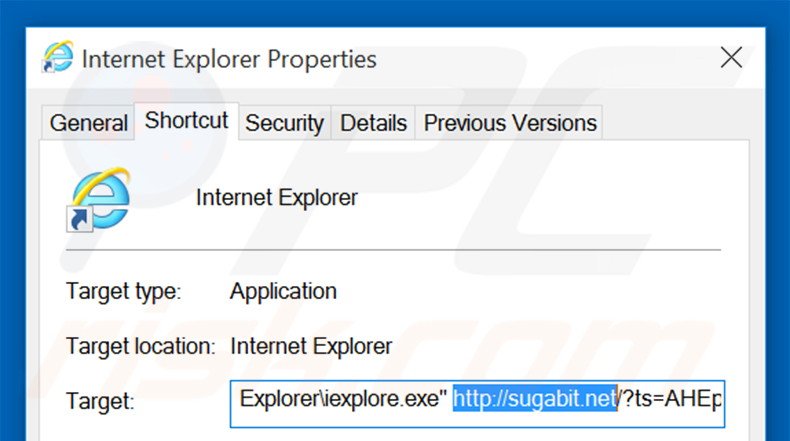 Removendo sugabit.net do atalho do Internet Explorer passo 2