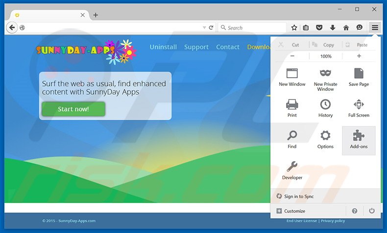 Removendo os anúncios SunnyDay-Apps do Mozilla Firefox passo 1