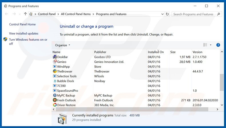 desinstalar o adware SunnyDay-Apps via Painel de Controlo