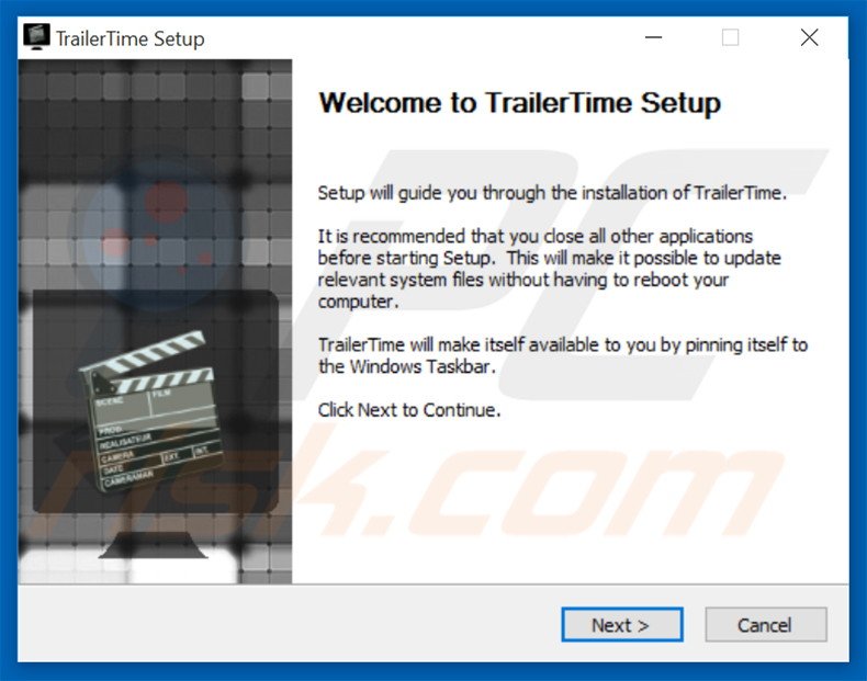 Configuração da instalação oficial do adware TrailerTime