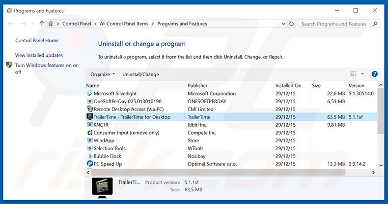 Desinstale o adware TrailerTime via Painel de Controlo