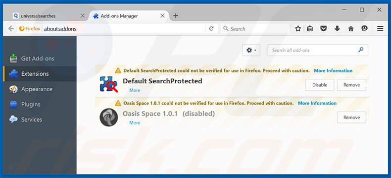 Removendo as extensões relacionadas a universalsearches.com do Mozilla Firefox