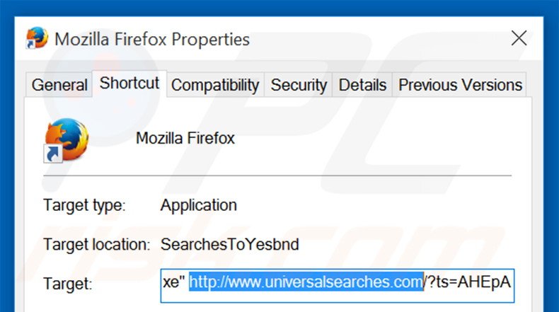 Removendo universalsearches.com do atalho do Mozilla Firefox passo 2