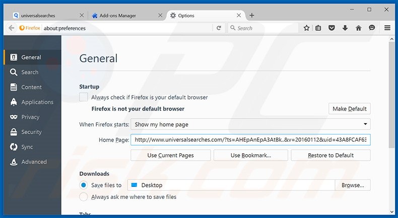 Removendo universalsearches.com da página inicial do Mozilla Firefox