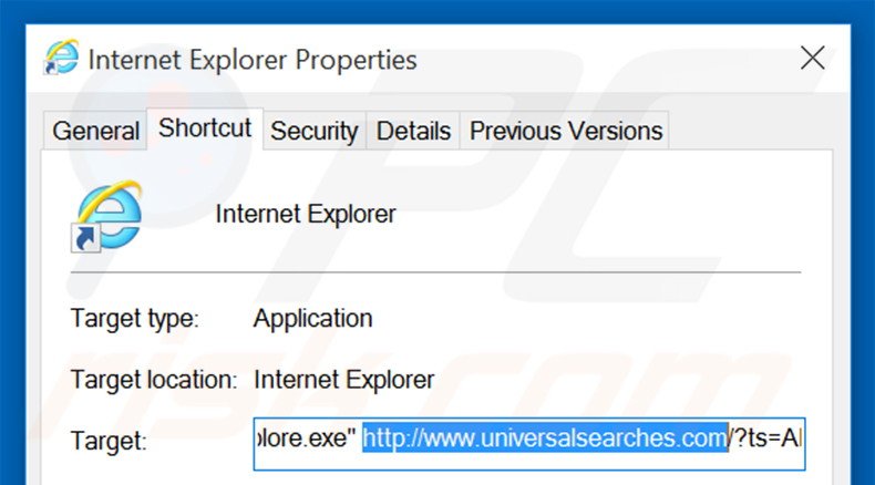 Removendo universalsearches.com do atalho do Internet Explorer passo 2