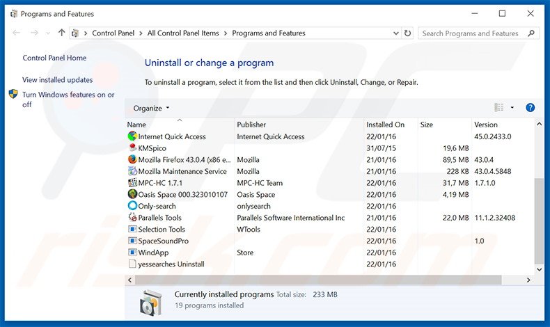 desinstalar o sequestrador de navegador universalsearches.com via Painel de Controlo