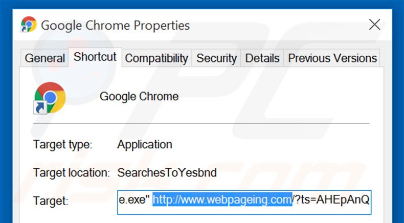 Removendo webpageing.com do atalho do Google Chrome passo 2