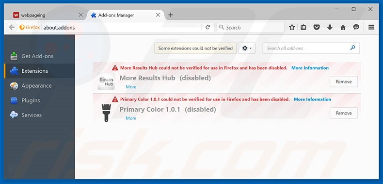 Removendo as extensões relacionadas a webpageing.com do Mozilla Firefox