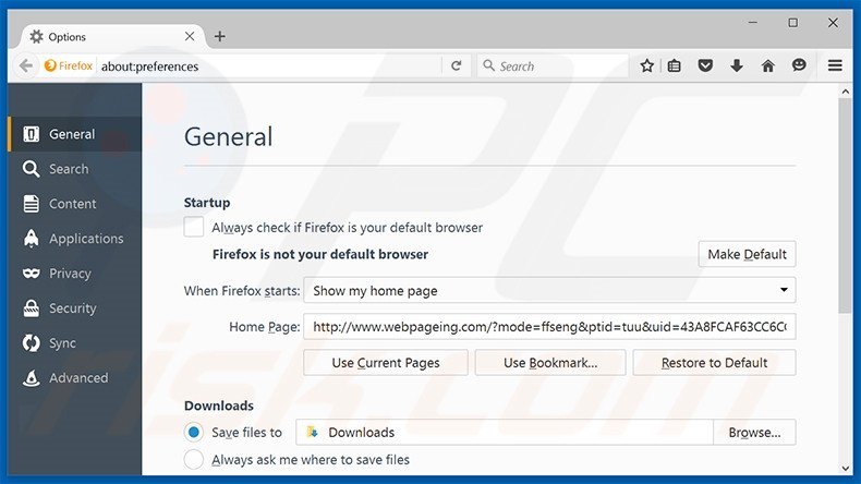 Removendo  webpageing.com da página inicial do Mozilla Firefox