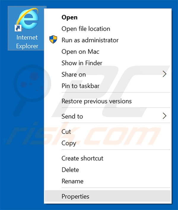 Removendo webpageing.com do atalho do Internet Explorer passo 1